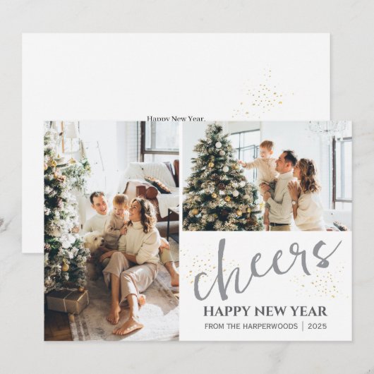 2 Photo Elegant Script Modern Happy New Year シーズンカード (正面/裏面)