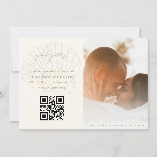 2 Photo Gallery QR Code Ivory & Gold Shell Wedding サンキューカード (裏面)