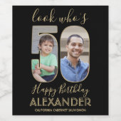 2 Photo Look Who's 50 Fiftieth Birthday Black Gold ワインラベル (シングルラベル)