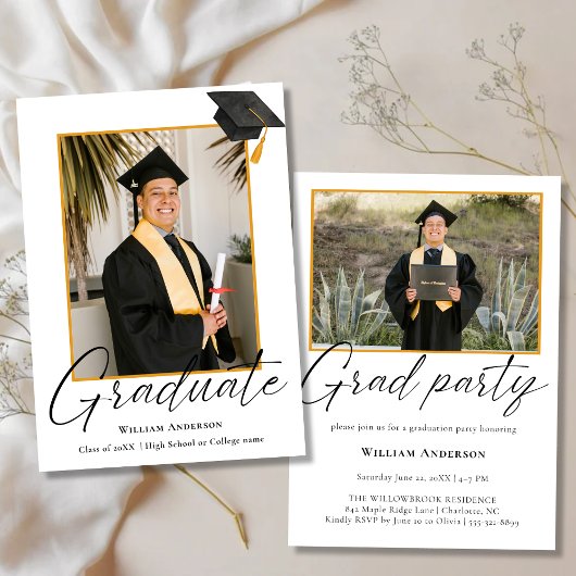2 Photo Modern Calligraphy Script Graduation Party 招待状