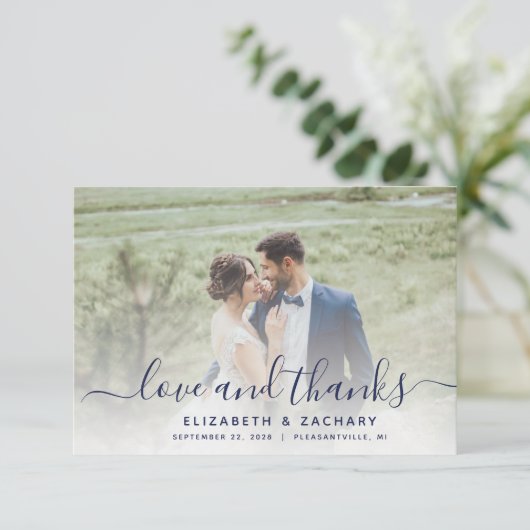 2-Photo Navy Blue Script 結婚's サンキューカード (スタンド正面)