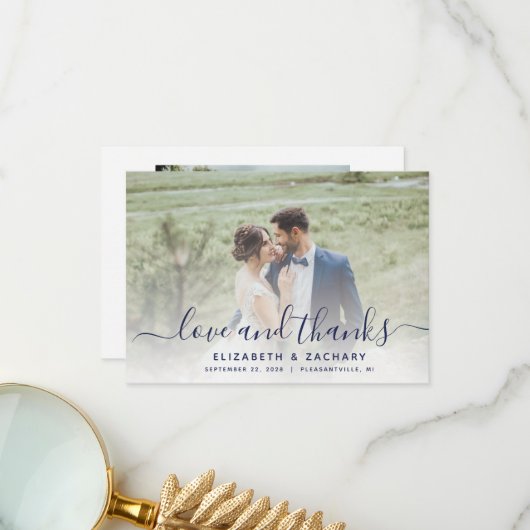 2-Photo Navy Blue Script 結婚's サンキューカード (正面/裏面インサイチュ)