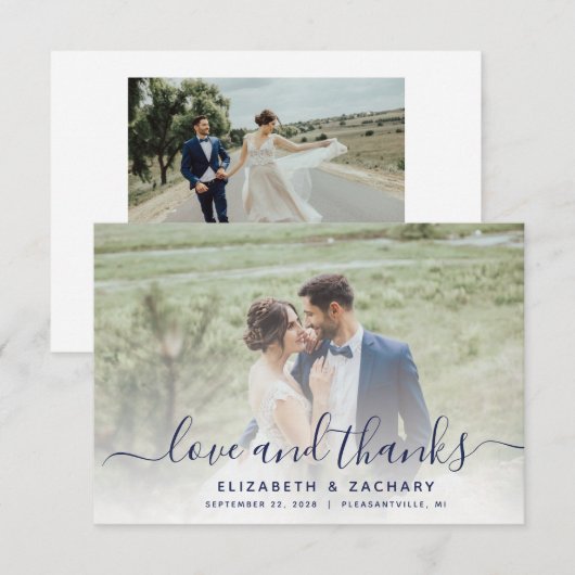 2-Photo Navy Blue Script 結婚's サンキューカード (正面/裏面)