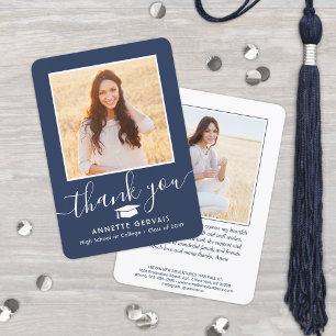 2 Photo New Address Navy Blue and White Graduation サンキューカード