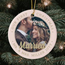 2 Photo Newlyweds 1stクリスマス結婚した赤面ピンク金ゴールド