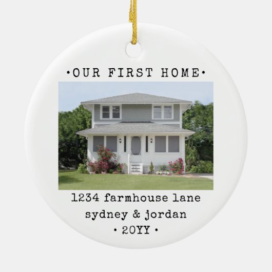 2 Photo Our最初のホームモダン引っ越し祝いパーティー セラミックオーナメント (裏面)