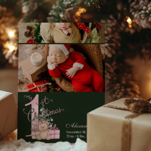 2 Photo  Pink Green Baby First Christmas シーズンカード