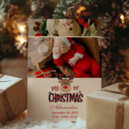2 Photo Plaid Reindeer Baby First Christmas シーズンカード