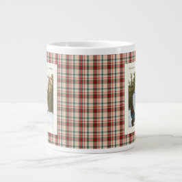 2 Photo Rustic Green Red Plaid Monogram Christmas ジャンボコーヒーマグカップ
