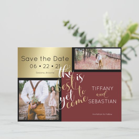 2 PHOTO Save the Date Burgundy 招待状 (スタンド正面)