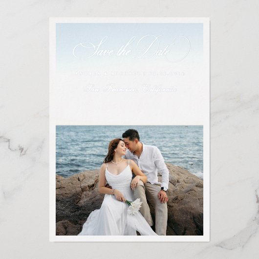 2 Photo & Silver Script Seaside Beach Wedding 箔招待状 (正面)