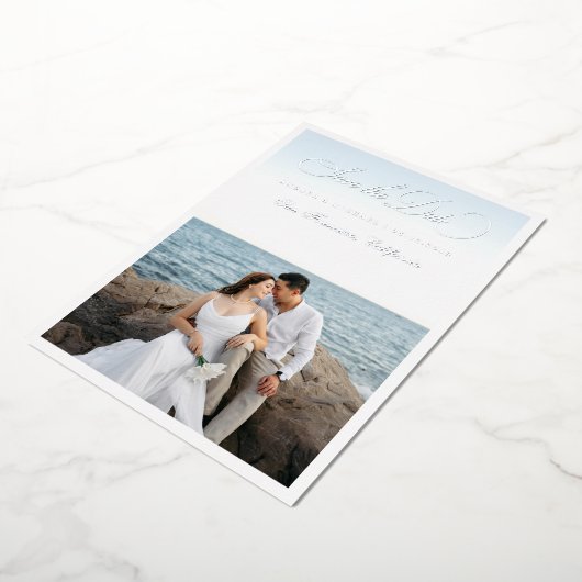 2 Photo & Silver Script Seaside Beach Wedding 箔招待状 (回転した状態)