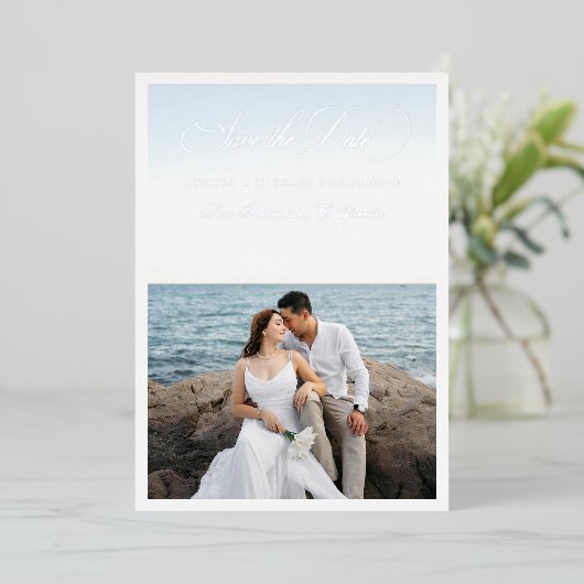 2 Photo & Silver Script Seaside Beach Wedding 箔招待状 (立ち正面)