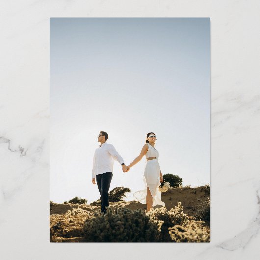 2 Photo & Silver Script Seaside Beach Wedding 箔招待状 (裏面)