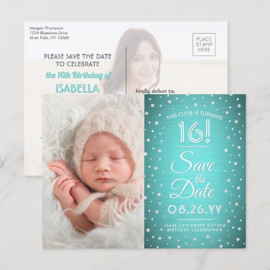 2 Photo Sweet 16誕生日ティール（緑がかった色）ブルー日付を保存 インビテーションポストカード (正面/裏面)