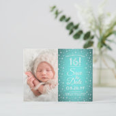 2 Photo Sweet 16誕生日ティール（緑がかった色）ブルー日付を保存 インビテーションポストカード (スタンド正面)