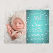 2 Photo Sweet 16誕生日ティール（緑がかった色）ブルー日付を保存 インビテーションポストカード (正面)