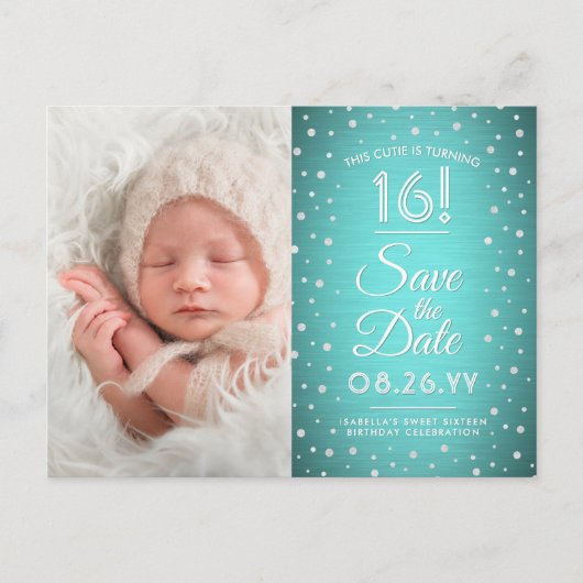 2 Photo Sweet 16誕生日ティール（緑がかった色）ブルー日付を保存 インビテーションポストカード (正面)