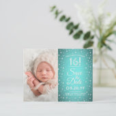 2 Photo Sweet 16誕生日ティール（緑がかった色）ブルー日付を保存 インビテーションポストカード (スタンド正面)