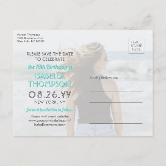 2 Photo Sweet 16誕生日保存日付ティール(緑がかった色)青 インビテーションポストカード (裏面)