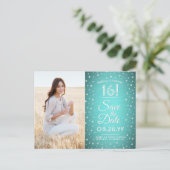 2 Photo Sweet 16誕生日保存日付ティール(緑がかった色)青 インビテーションポストカード (スタンド正面)