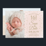 2 Photo Sweet 16誕生日赤面金ゴールド保存日 セーブザデート<br><div class="desc">招待状の家族と友人の今後の甘い16お祝いに彼女のためのスタイリッシュこの2つのフォト赤面ピンクと金ゴールド3.5"x5"日付の招待を保存する。(画像の配置のヒント：写真を正確に中央に配置する簡単方法は、Zazzleウェブサイトにアップロードする前にトリミングする。 デザインには、台本の書道、ヴィンテージアートモダンデコのエレガントタイポグラフィ、キラキラインスパイアスなメタリックな紙吹雪ドットの2つの写真が含まフェイクれている。金ゴールドはホイルではなく印刷色であることに注意しなさい。この招待カードテンプレートは16歳の誕生日パーティーのために設置されシンプルているカスタマイズが、どの年も参加できる。</div>