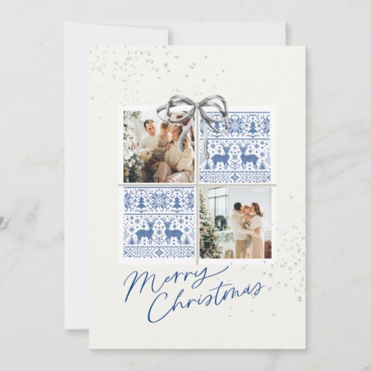 2-Photo X-mas Present Card Nordic Knits Silver Bow 招待状 (正面)