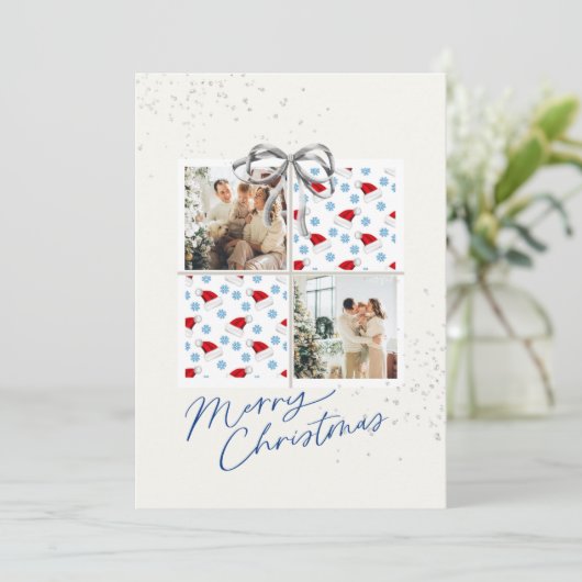 2-Photo X-mas Present Card Santa Hats Silver Bow 招待状 (スタンド正面)