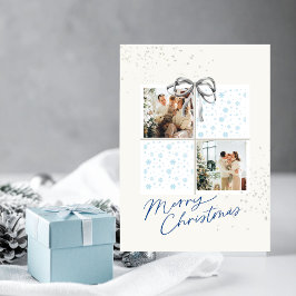 2-Photo X-mas Present Card Soft Snow Silver Bow 招待状
