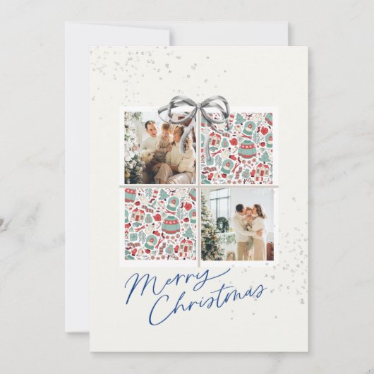 2-Photo X-mas Present Card Ugly Sweater Silver Bow 招待状 (正面)