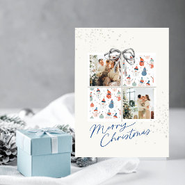 2-Photo Xmas Present Card Happy Snowmen Silver Bow 招待状