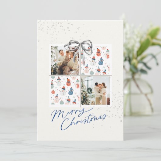 2-Photo Xmas Present Card Happy Snowmen Silver Bow 招待状 (スタンド正面)