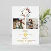 2 Photos Collage Modern Initials Floral Anagram 箔招待状 (立ち正面)