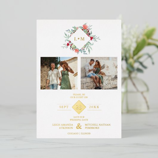 2 Photos Collage Modern Initials Floral Anagram 箔招待状 (立ち正面)