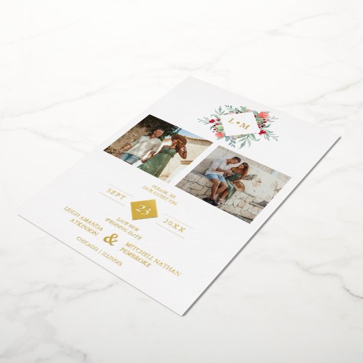 2 Photos Collage Modern Initials Floral Anagram 箔招待状 (回転した状態)