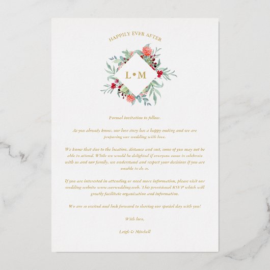 2 Photos Collage Modern Initials Floral Anagram 箔招待状 (裏面)