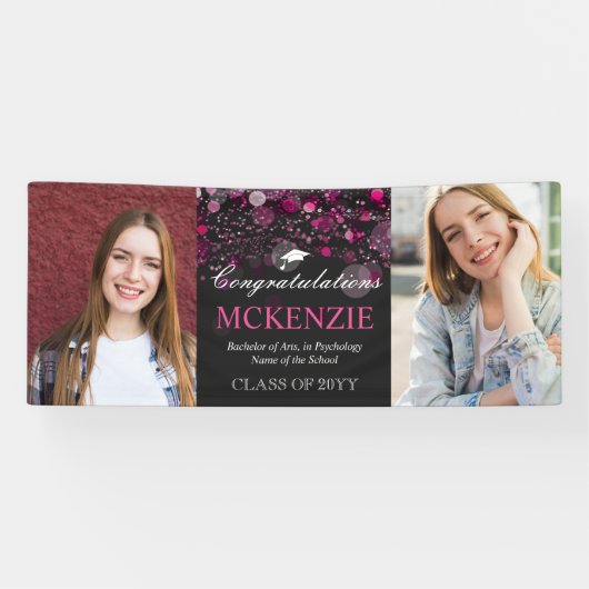 2 Photos Congratulations Hot Pink Bokeh Graduation 横断幕 (横)