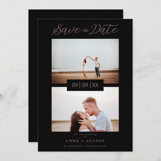 2 Photos Modern Collage Wedding Wimshical Script セーブザデート (正面/裏面)