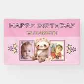 2 photos sloth birthday name kids pink party 横断幕 (横)
