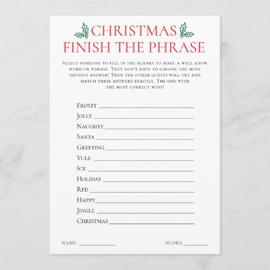 2 Printable Christmas Games Scattegories Card 招待状 (正面)