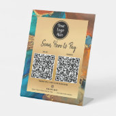 2 QRコードここに支払いロゴ金ゴールドターコイズブルー瑪瑙 台座サイン (正面)