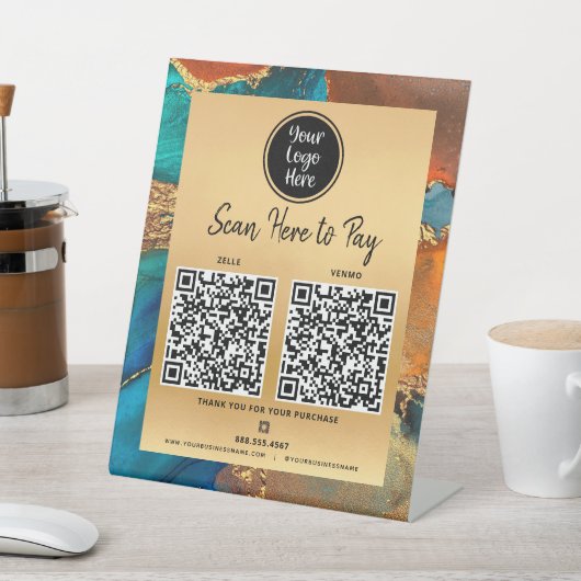 2 QRコードここに支払いロゴ金ゴールドターコイズブルー瑪瑙 台座サイン (インサイチュ)
