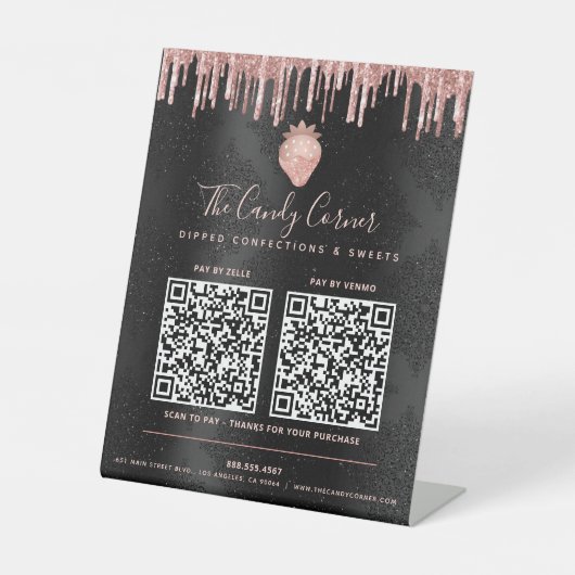 2 QRコードここに支払うピンクのイチゴグリッターブラック 台座サイン (正面)