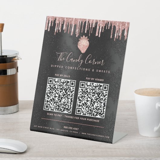 2 QRコードここに支払うピンクのイチゴグリッターブラック 台座サイン (インサイチュ)