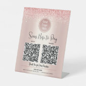 2 QRコードカスタムロゴここにバラ金ゴールドグリッター 台座サイン (正面)