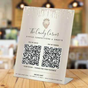 2 QRコード お支払いはこちら ゴールド グリッター ストロベリー 台座サイン