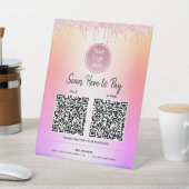 2 QRコード ロゴ ピンク グリッター Pay Here レインボー オンブレ 台座サイン (インサイチュ)
