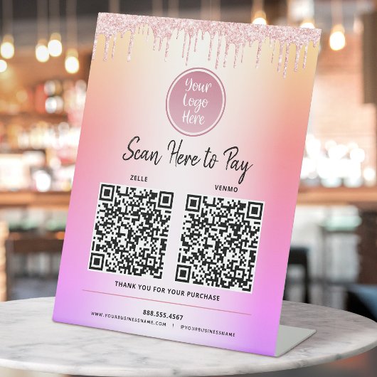 2 QRコード ロゴ ピンク グリッター Pay Here レインボー オンブレ 台座サイン