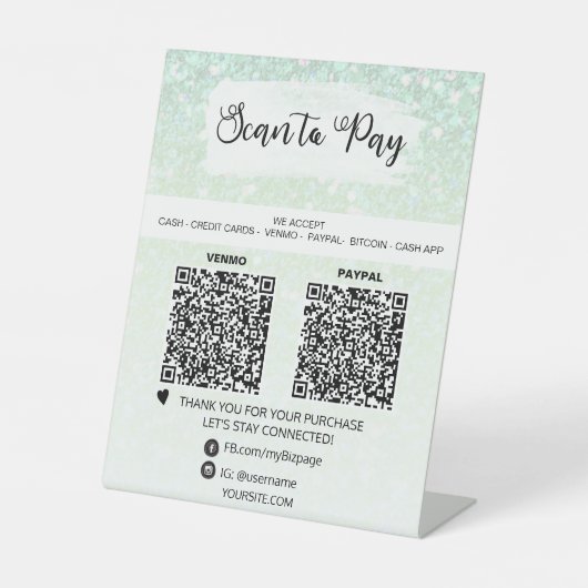 *~* 2 QR支払い – Mint Tabletop Table Tent 台座サイン (正面)