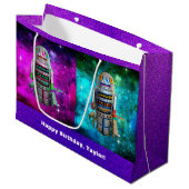 2 sci fi toy robots purple blue銀河系名前をカスタムする ラージペーパーバッグ (正面アングル)